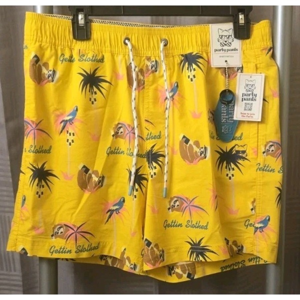 Party Pants Swim‎ Trunks Sloth Captain Gettin Slothed Men's Medium Yellow NEW